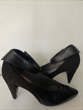 Stephane Kelian Paris Black Leather Weird Kitten Heels 6.5” Ankle Strap France